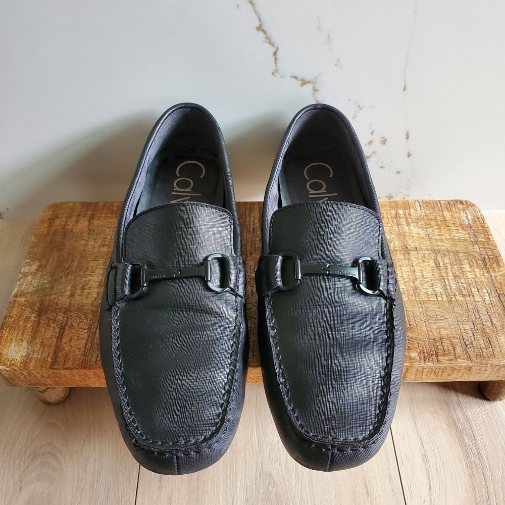 Calvin Klein Shoes Mens 11 Black Leather Slip On Square Toe Dress Loafers